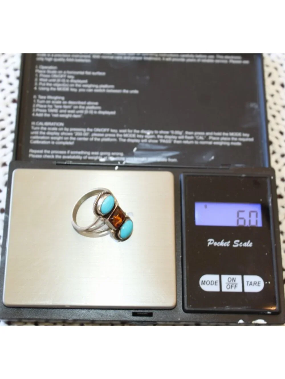 Native American Ring Turquoise & Amber Size 7.5 Sterling Silver 6g Signed RB